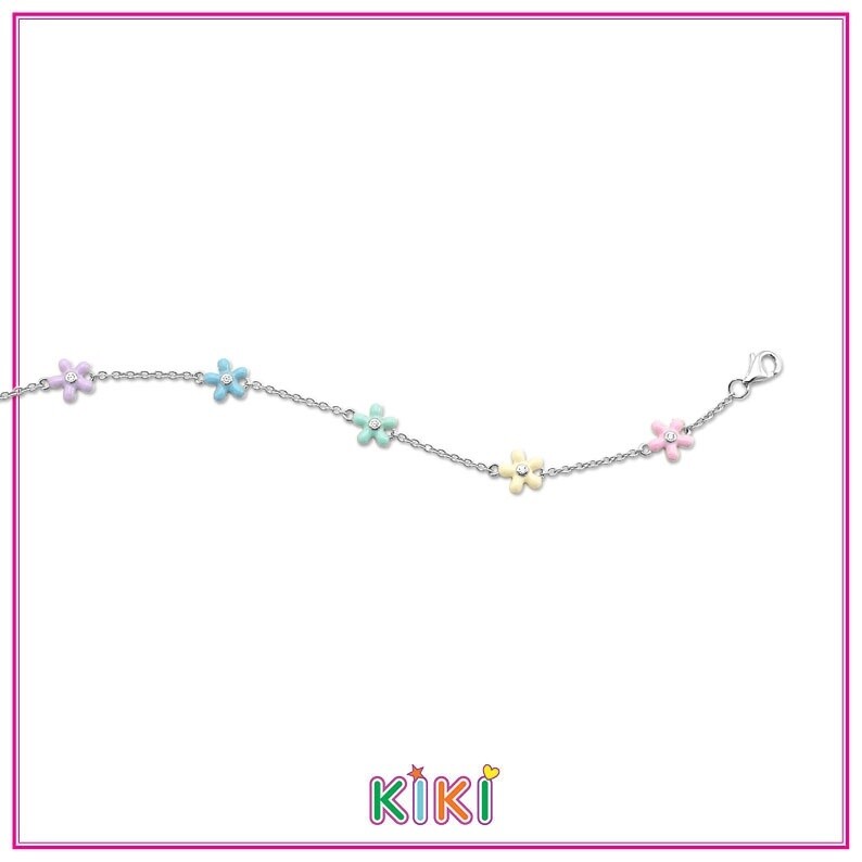 Kinderarmband bloemetjes blauw/paars/geel zilver