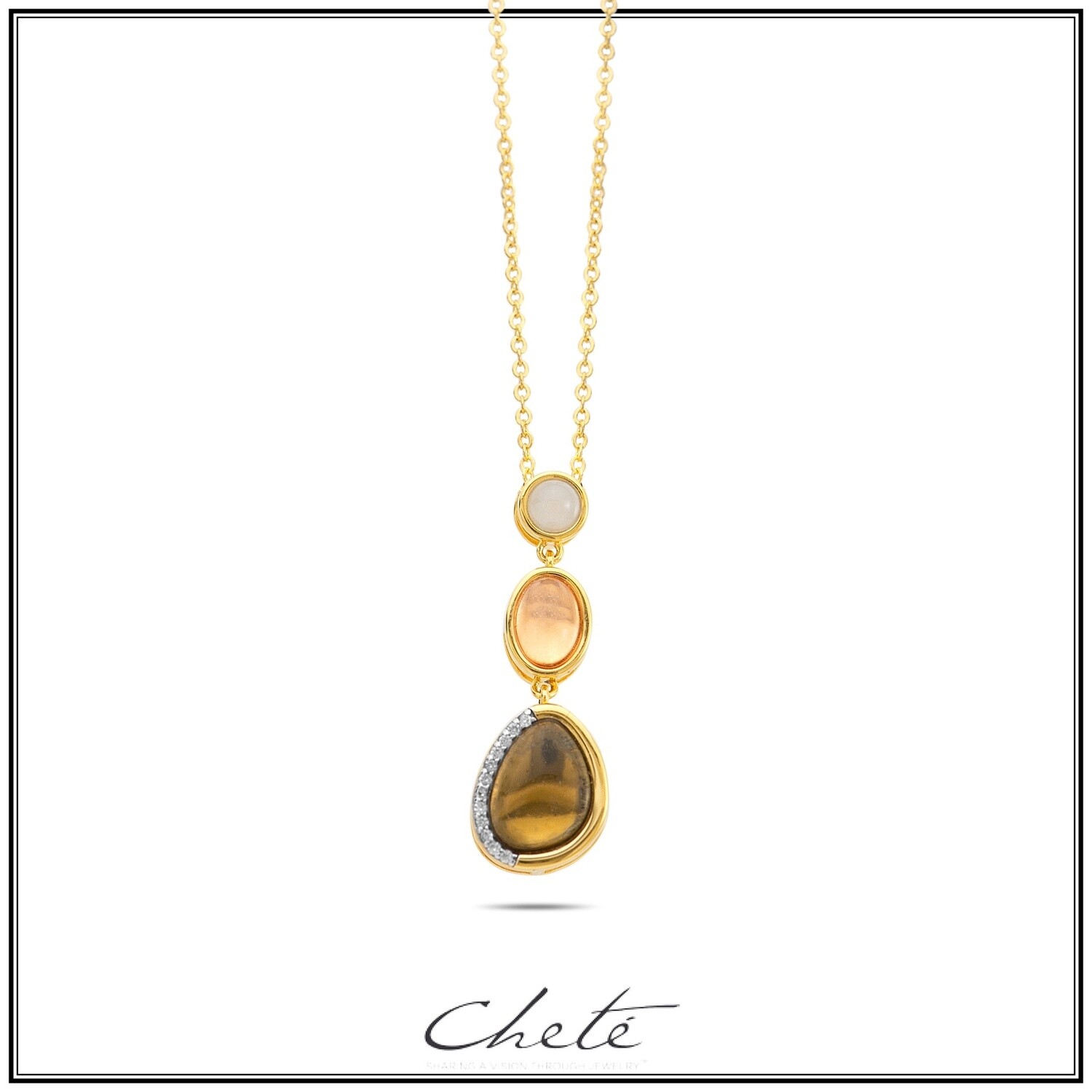 Zilver gold plated halsketting  met kleurstenen wit/roze/bruin