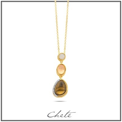 Zilver gold plated halsketting  met kleurstenen wit/roze/bruin