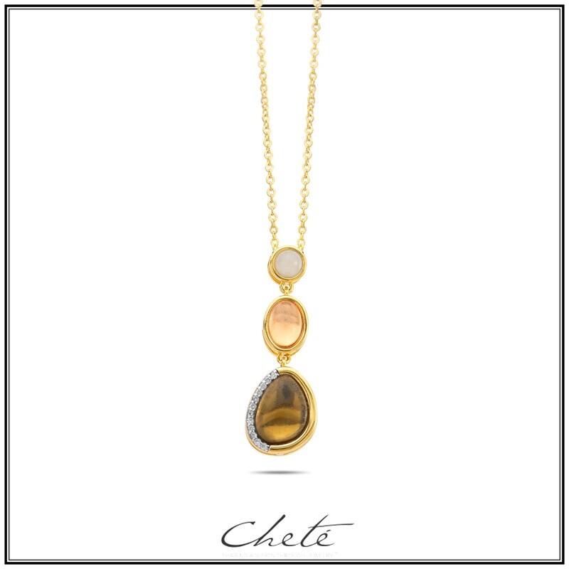 Zilver gold plated halsketting  met kleurstenen wit/roze/bruin