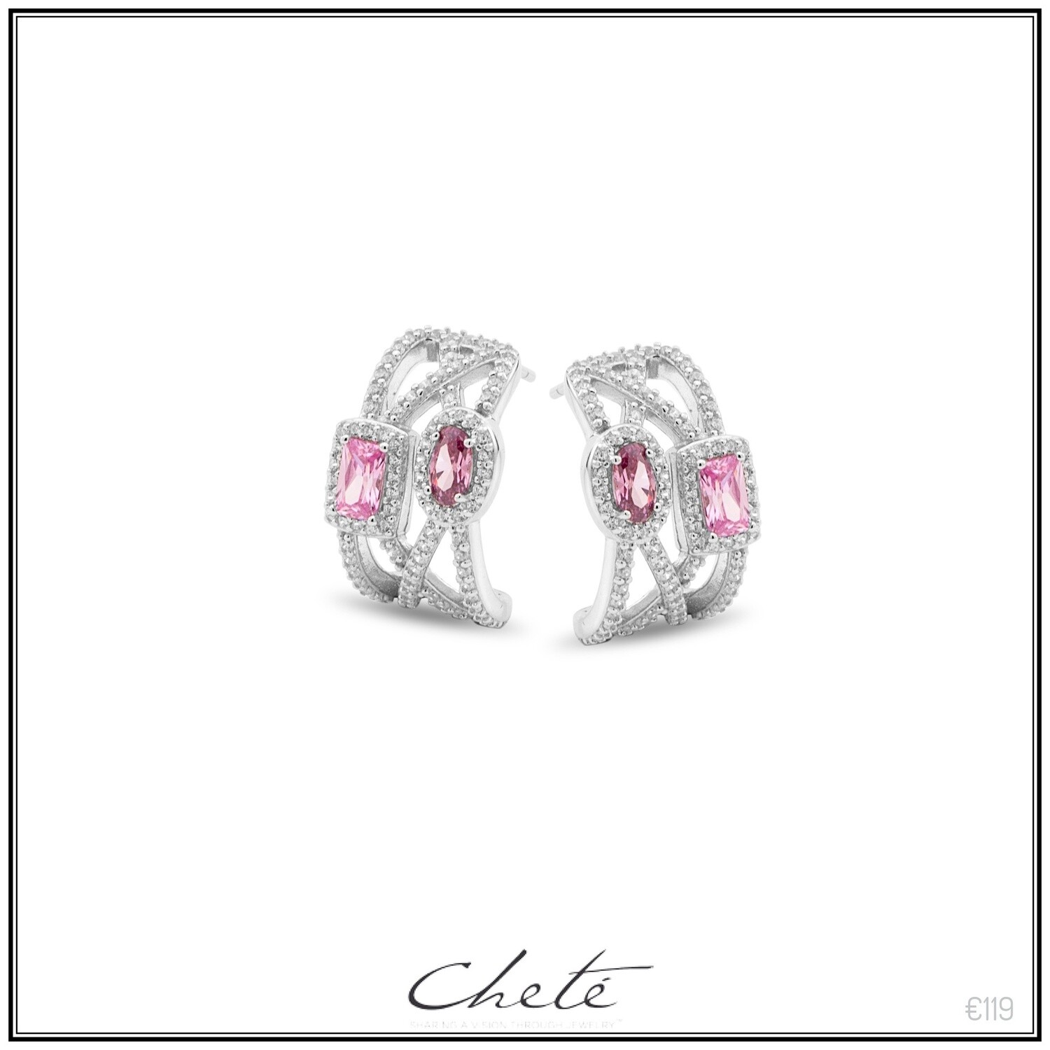Steker hangend zilver met steentjes en 2 roze stenen
