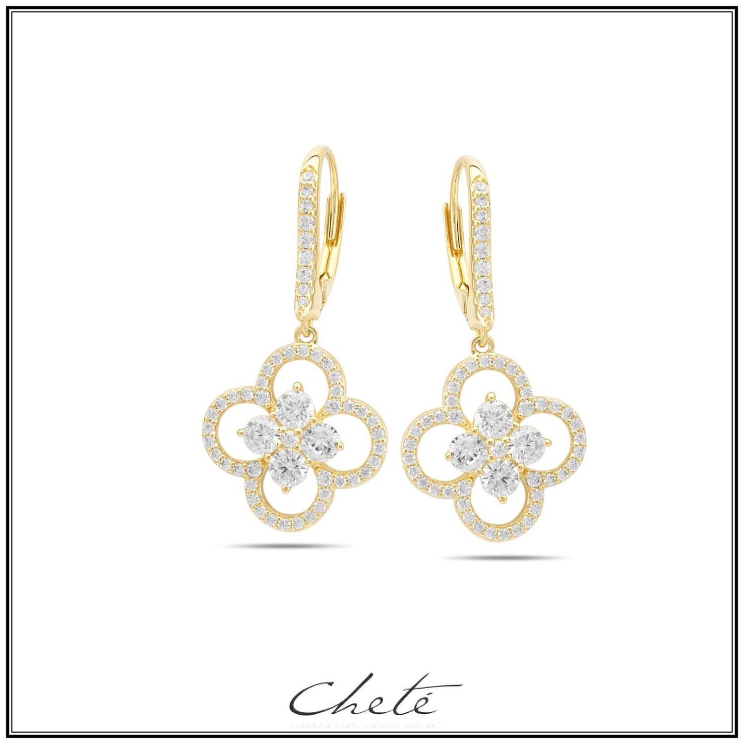 Zilver gold plated oorbellen brisure, bloem met heldere kristallen