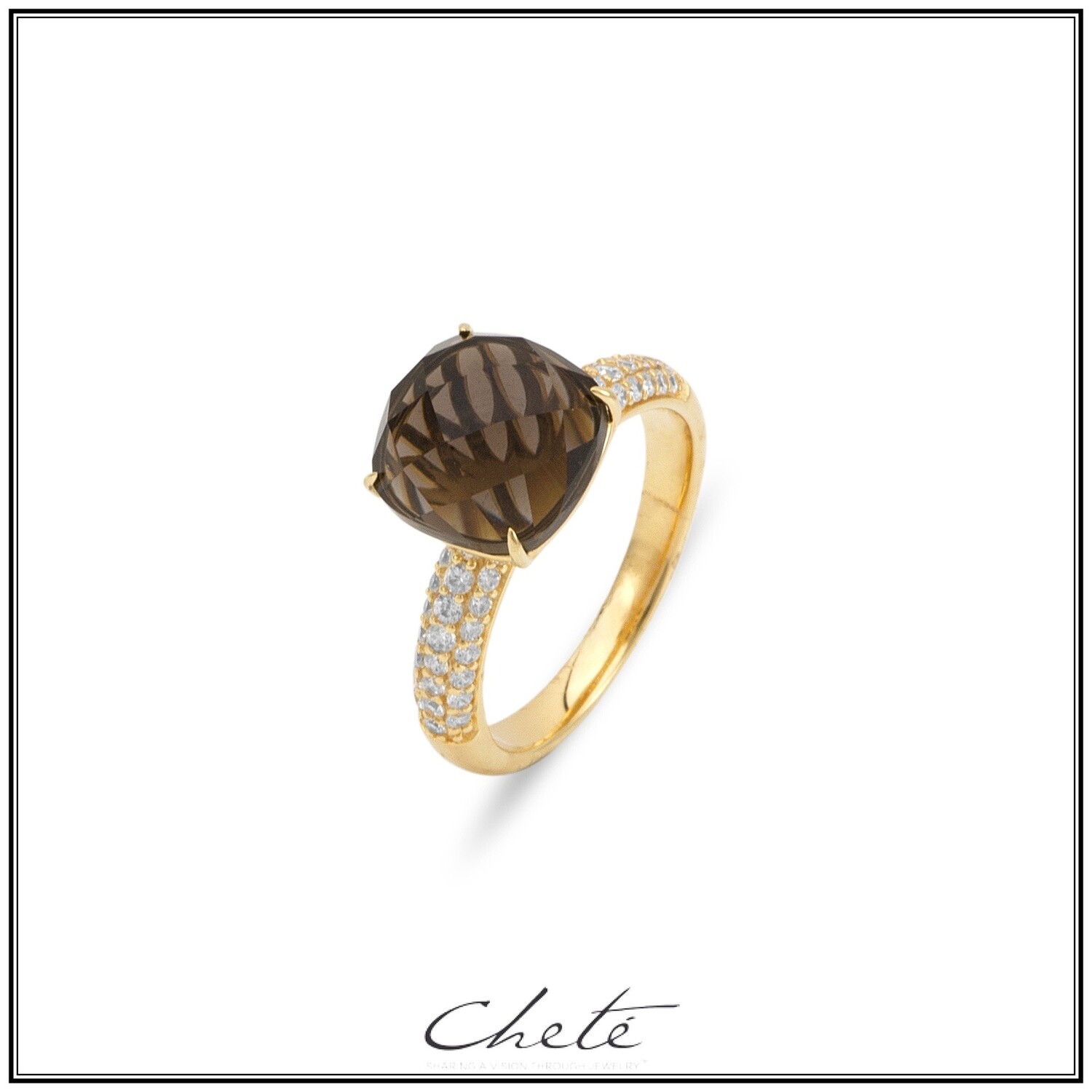 Zilveren ring met heldere steentjes + grote bruine steen  M58