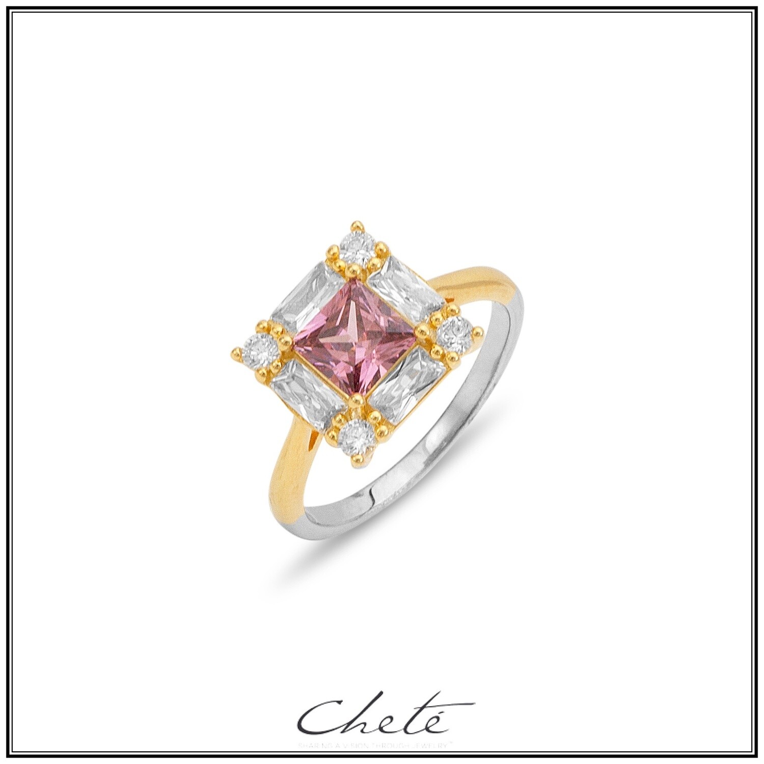 Ring zilver, gold plated vierkante roze steen met steentjes maat 54