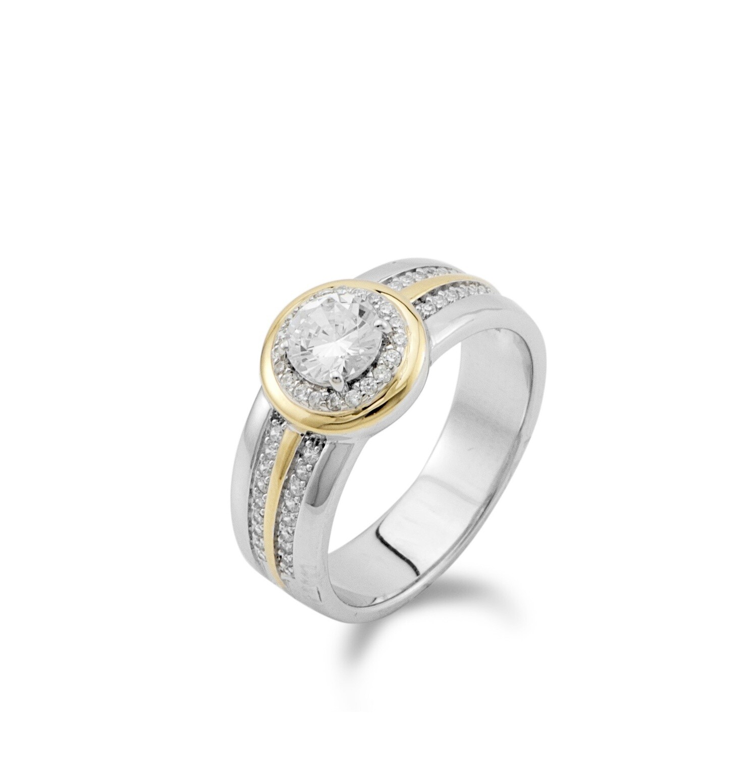 Ring zilver met goldplated details bezet met steentjes maat 60