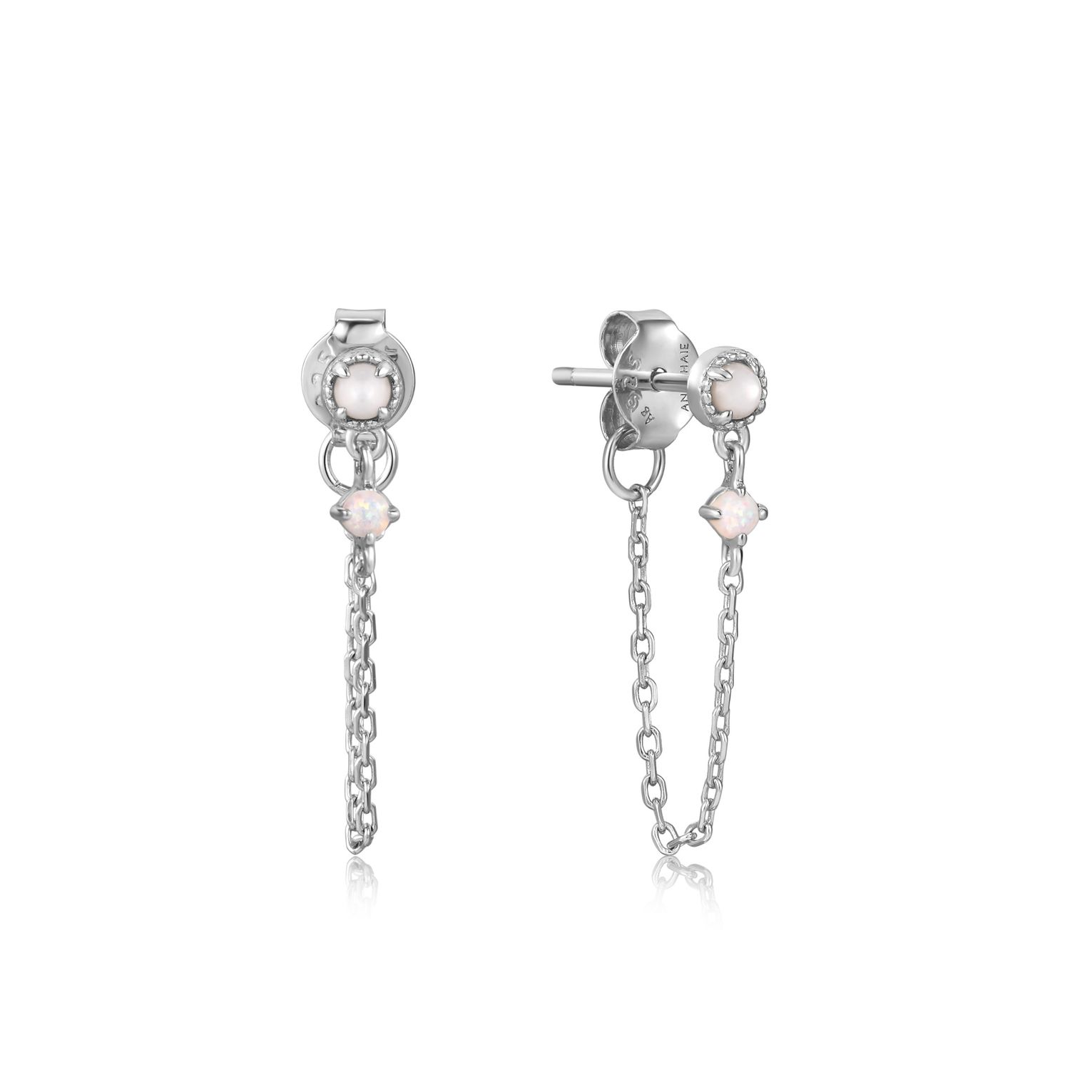 SILVER MOTHER OF PEARL AND OPAL CHAIN DROP STUD EARR