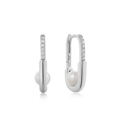 SILVER PEARL INTERLOCK OVAL HOOP EARRINGS