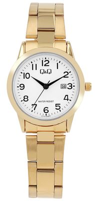 Q&amp;Q dameshorloge met roestvrijstalen band goudkleur met datumweergave. C31A-002PY