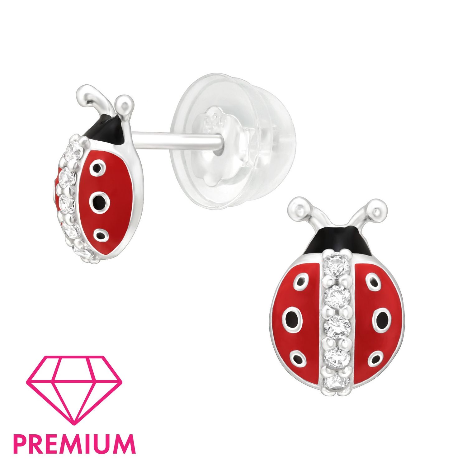 Kinderoorbel zilver Lieveheersbeesje rood/zwart met kristalletjes