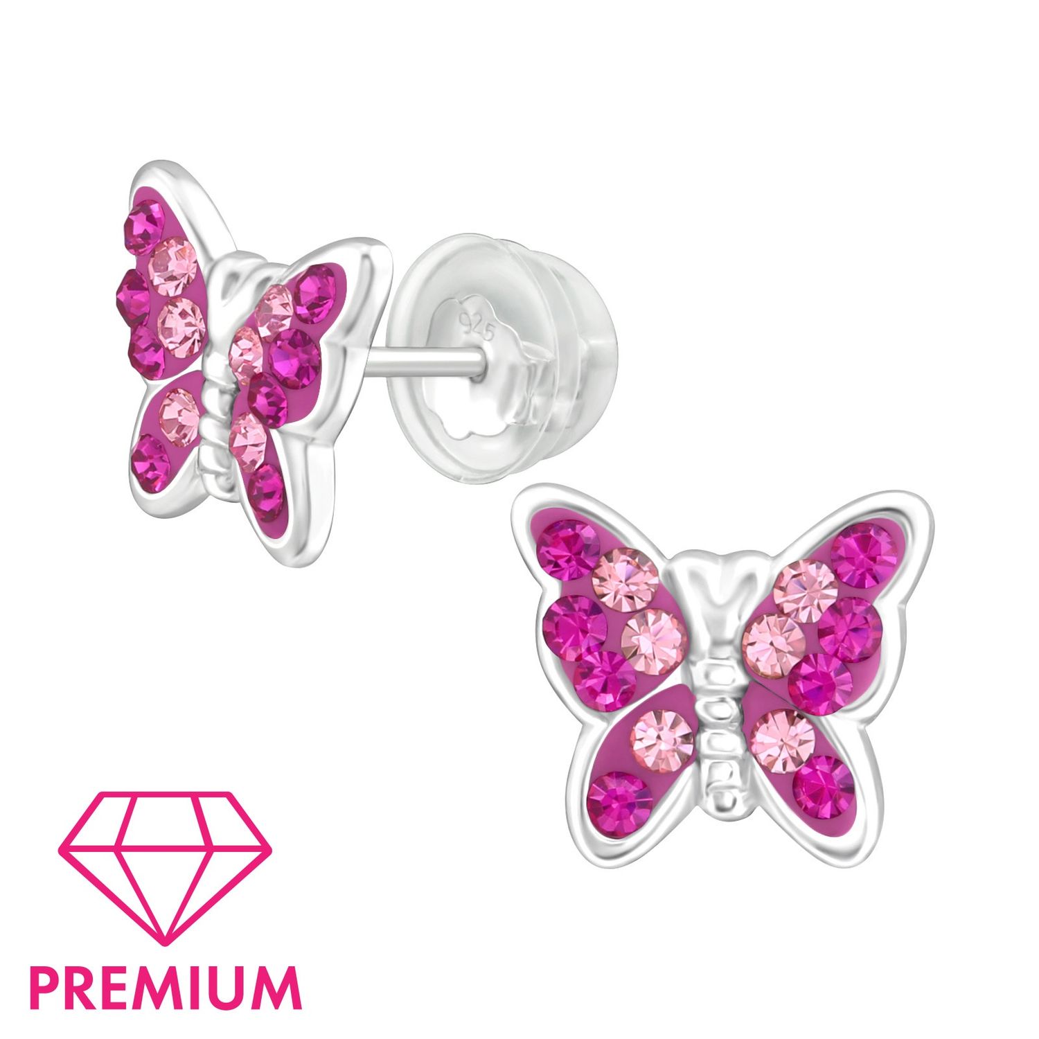 Kinderoorbel zilver roze vlinder met zirkoontjes