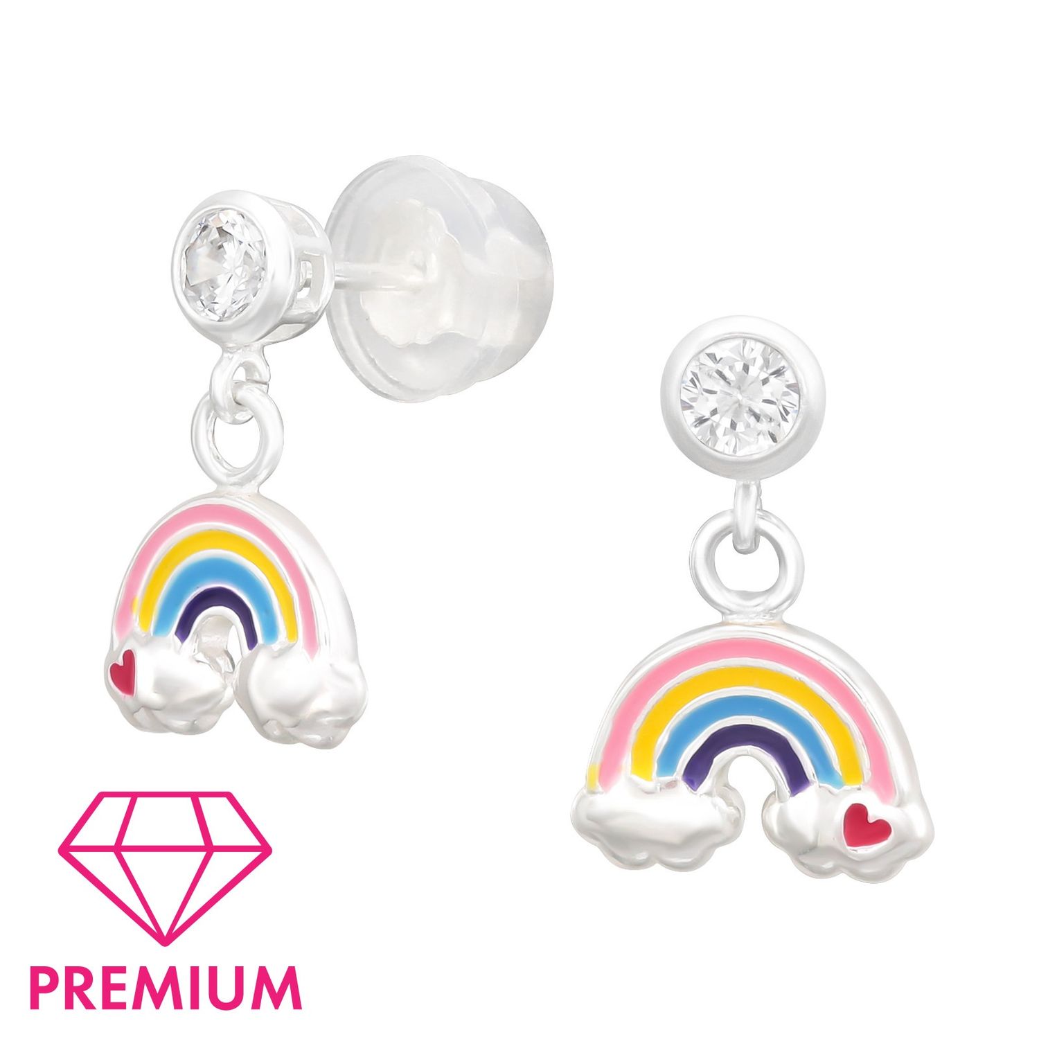 Kinderoorbel zilver steker met hangende regenboog op wolkjes