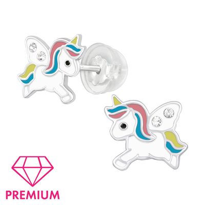 Kinderoorbel zilver kleurrijke unicorn met witte vleugels en zirkoontjes