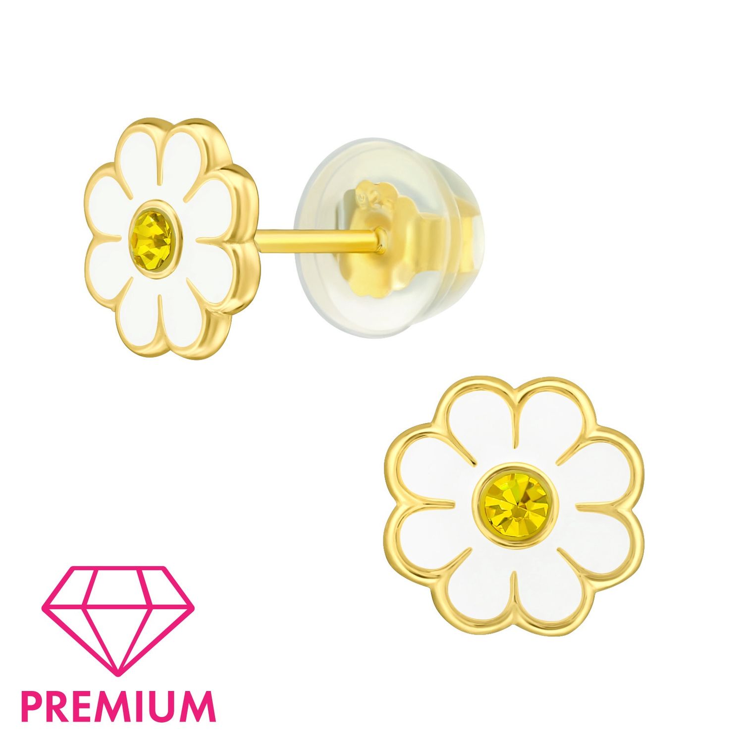 Kinderoorbel zilver goldplated witte bloem met zirkoontje