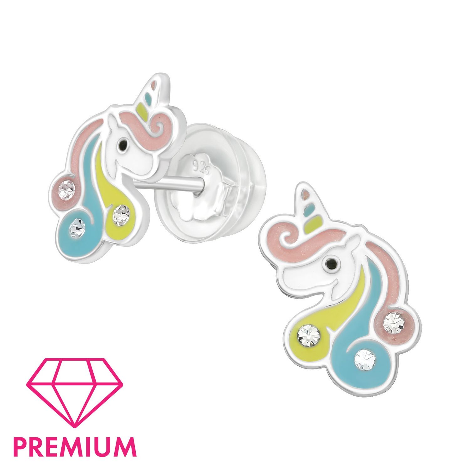Kinderoorbel zilver buste unicorn met zachte kleuren en zirkoontjes