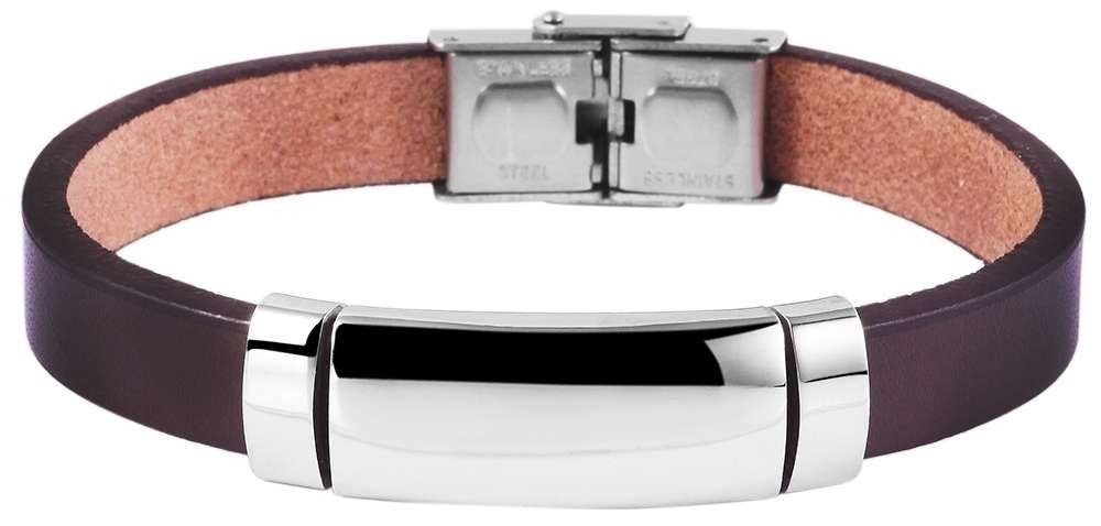 Armband van donkerbruin leer en edelstaal.
