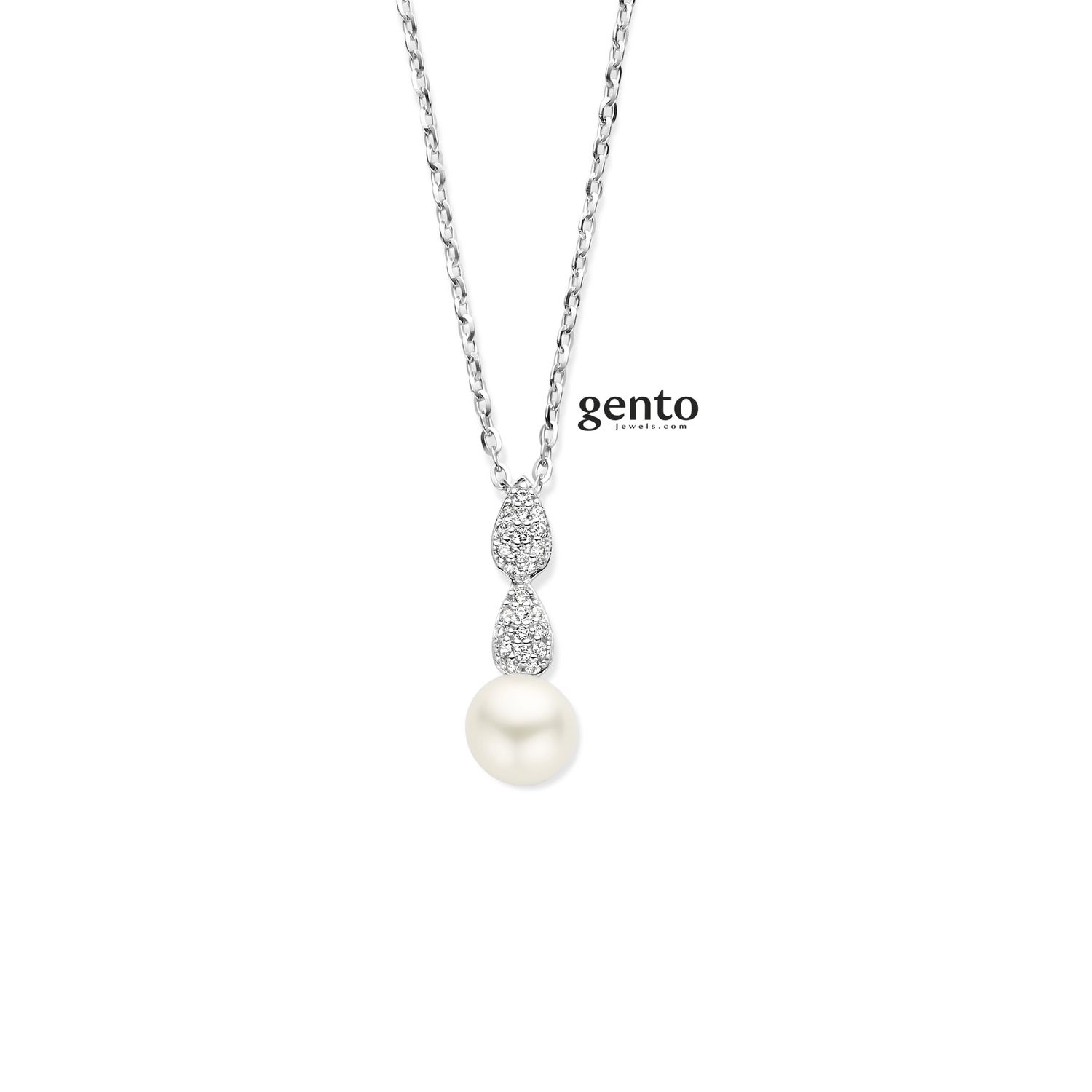 Zilver ketting + hanger zoetwaterparel met zirkonen