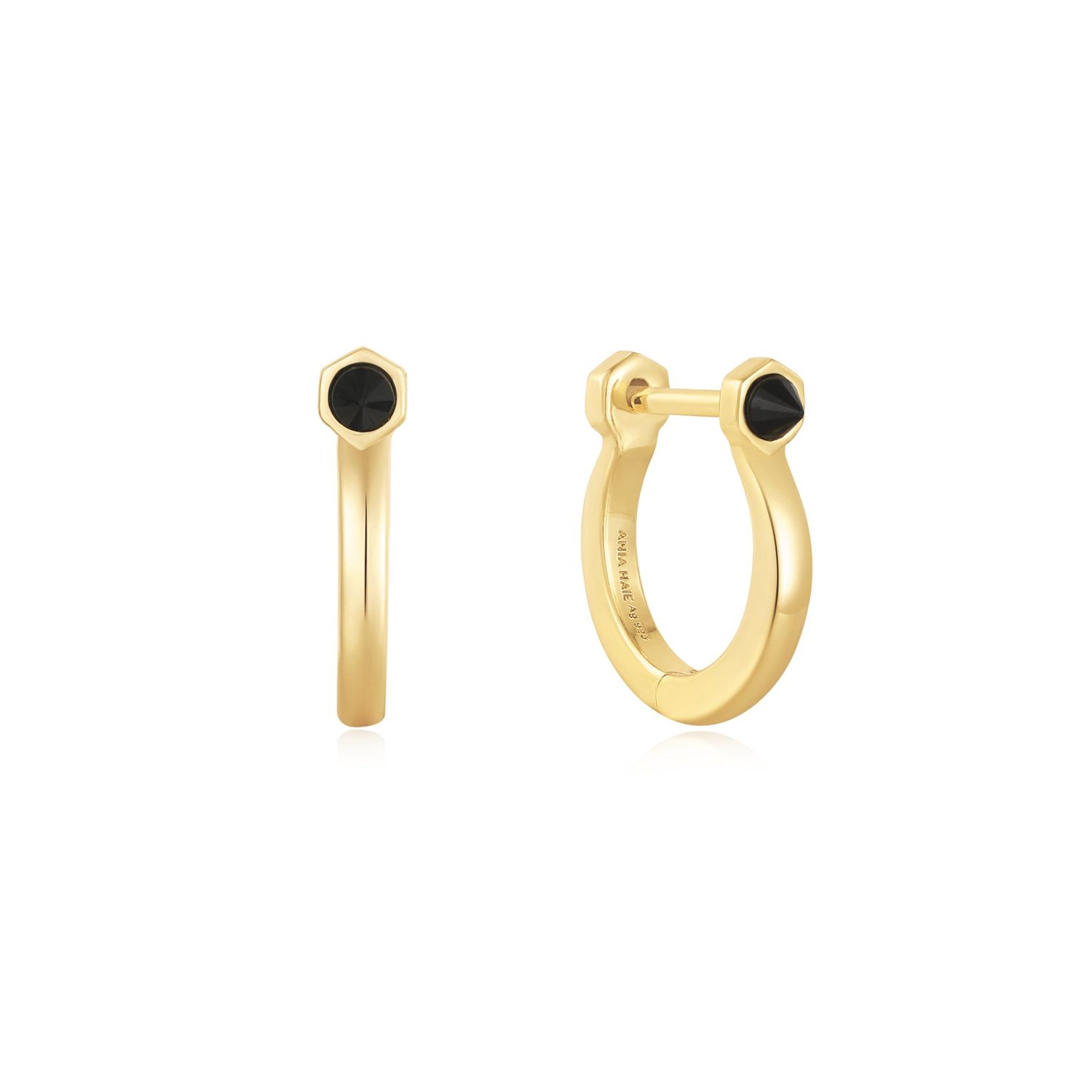 GOLD BLACK AGATE HUGGIE HOOP EARRINGS
