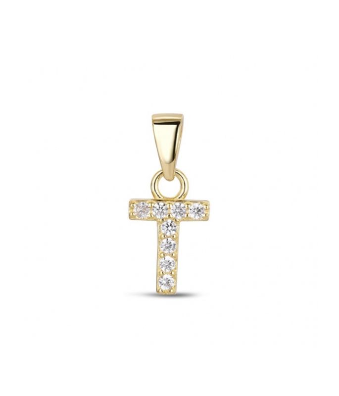 Hoofd letter T met zirkonia Zilver Goldplated