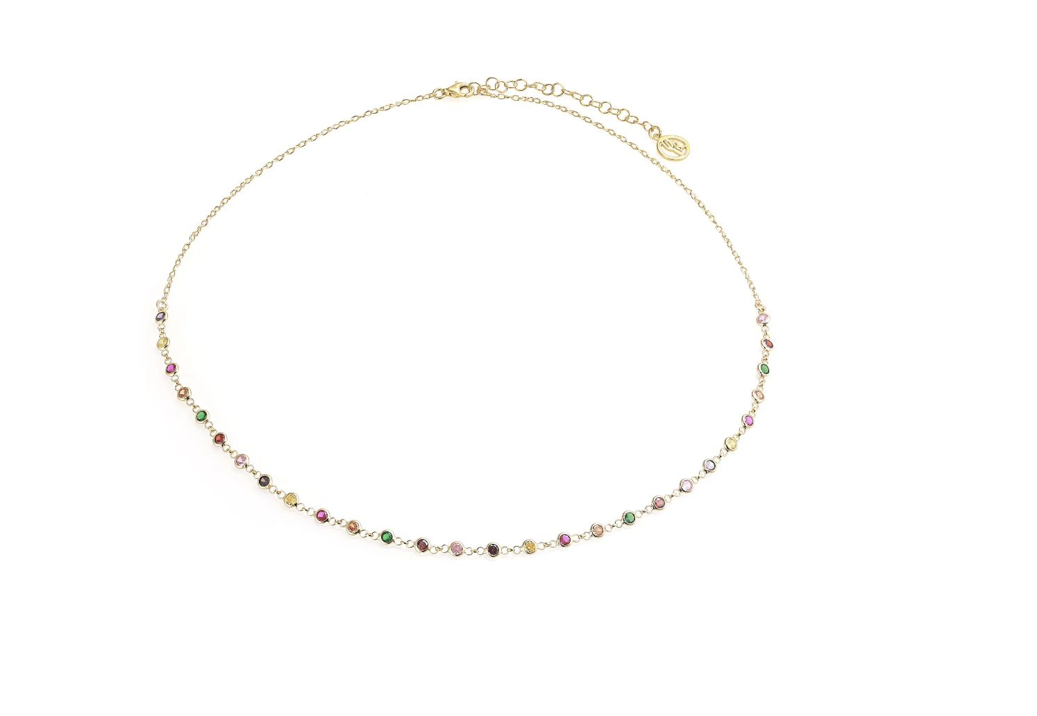 Goldplated speelse ketting met Swarovski kleurkristallen.