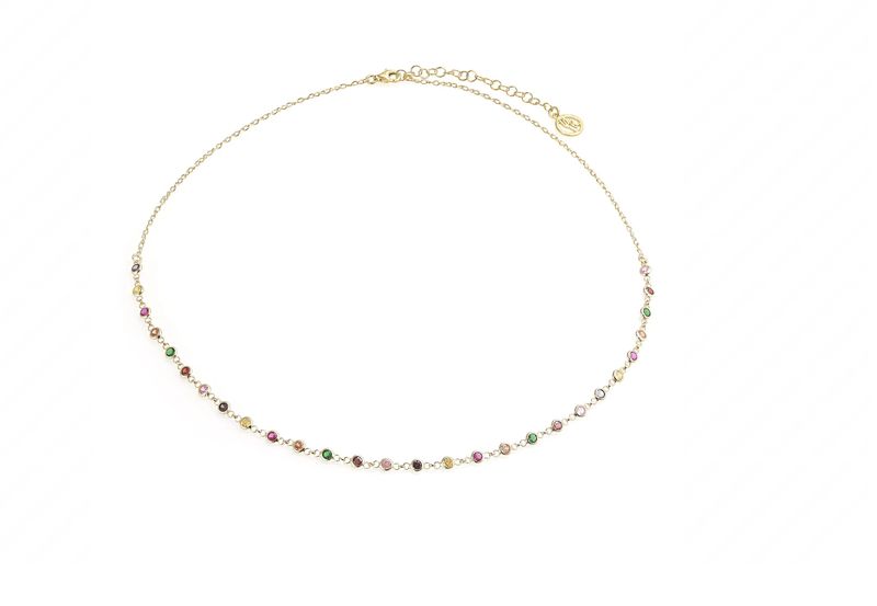 Goldplated speelse ketting met Swarovski kleurkristallen.