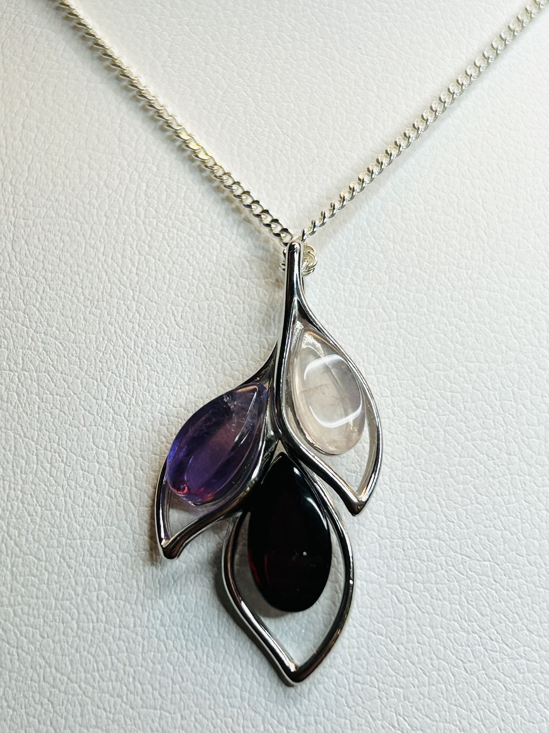 Ketting met Amethist, Amber en Rozenkwarts, Zilver