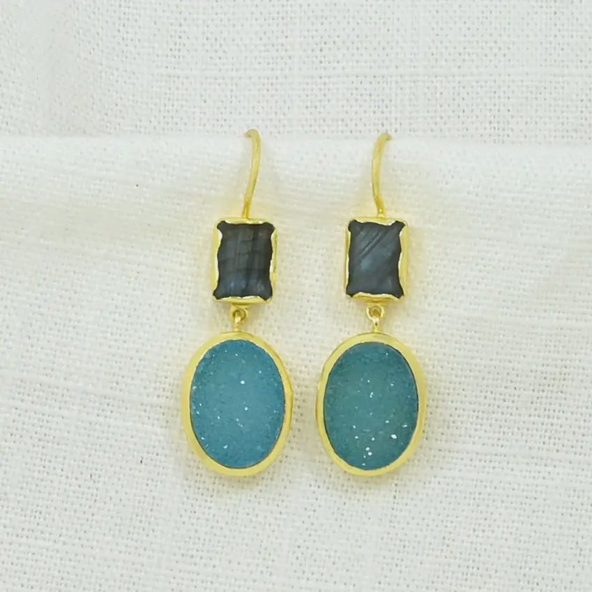 Lexi Oorbellen Goud - Labradoriet &amp; Blue Druzy