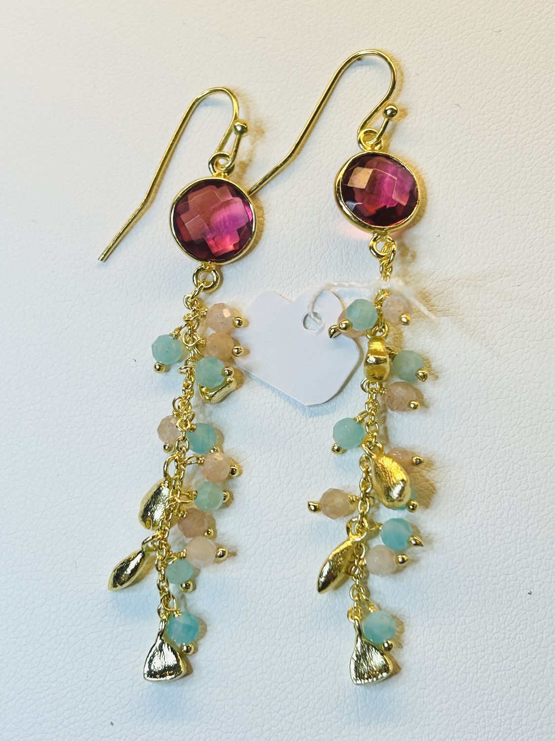 Sling oorbel Goud - Pink Tourmaline, Amazoniet &amp; Peach Moonstone