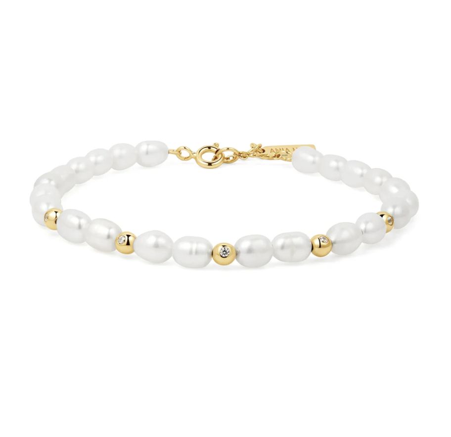 GOLD FRESHWATER PEARL AND WHITE CUBIC ZIRCONIA BEZEL SET BRACELET