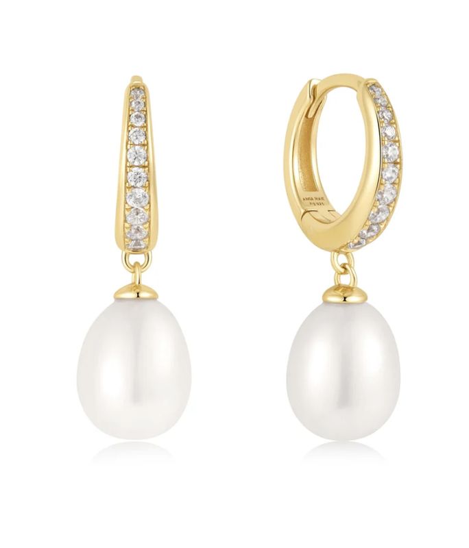 GOLD FRESHWATER PEARL AND WHITE CUBIC ZIRCONIA PAVÉ DROP HUGGIES