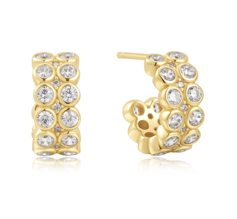 GOLD DOUBLE ROW WHITE CUBIC ZIRCONIA  BEZEL SET STUD HUGGIES