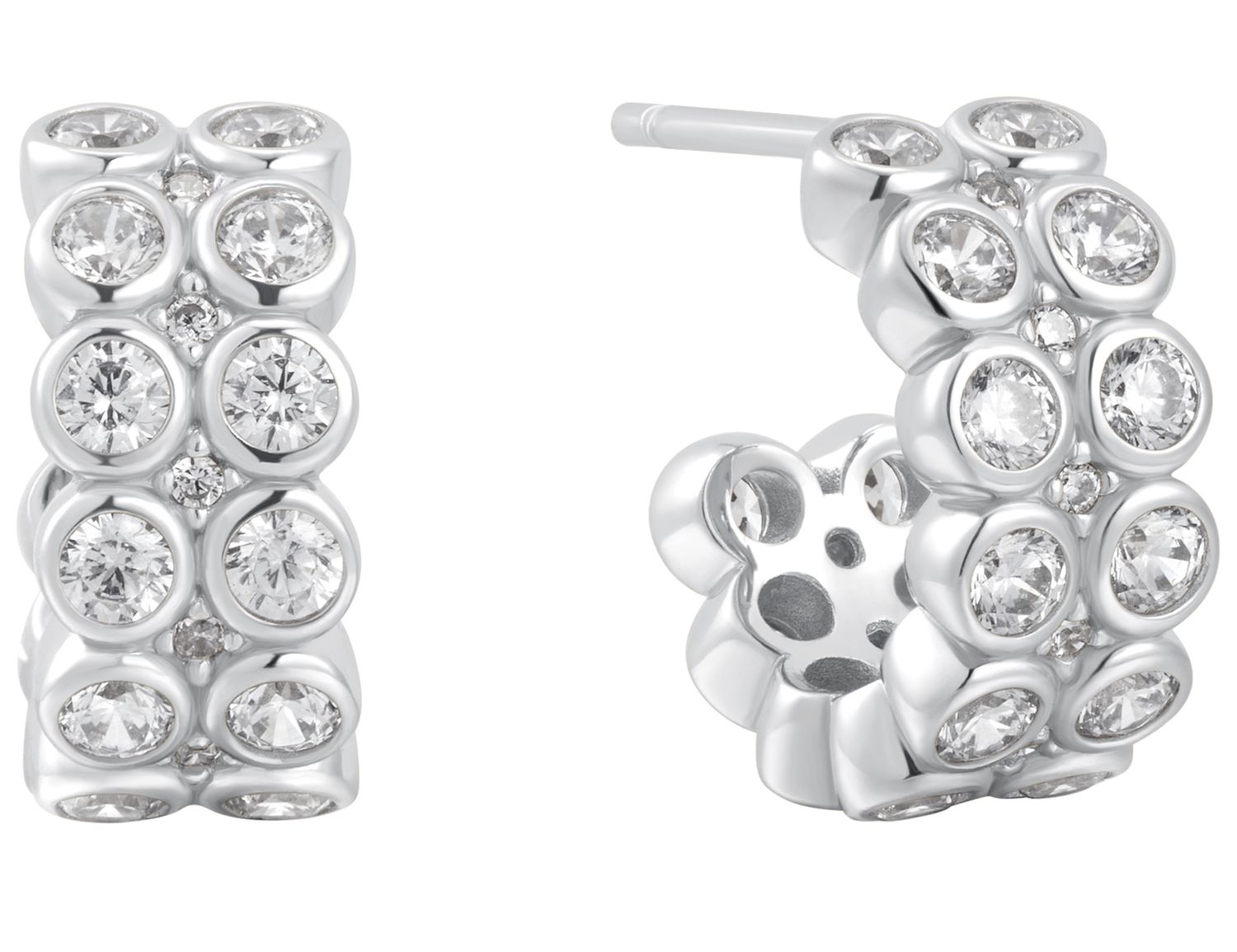 SILVER DOUBLE ROW WHITE CUBIC ZIRCONIA  BEZEL SET STUD HUGGIES