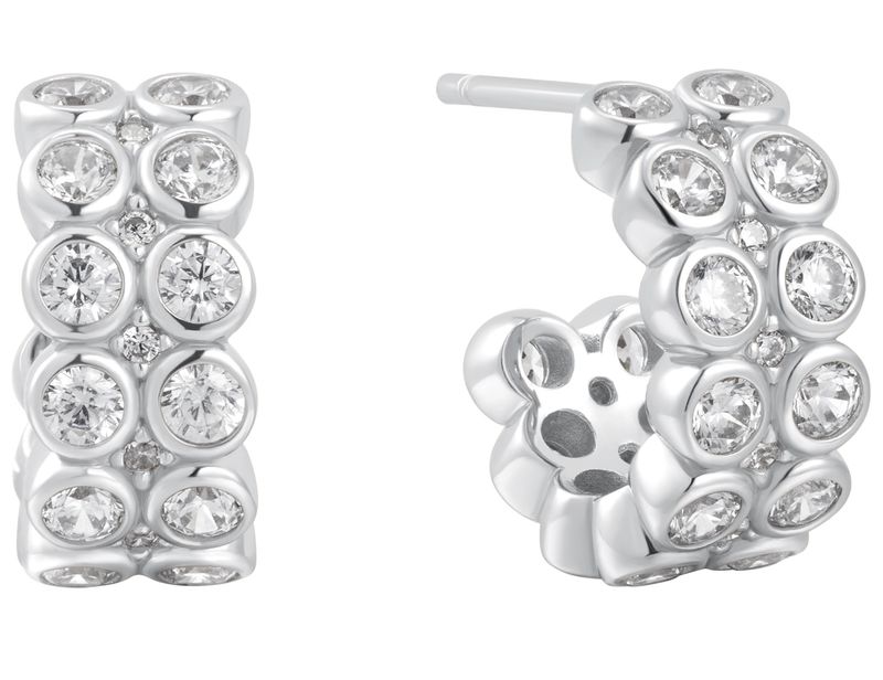 SILVER DOUBLE ROW WHITE CUBIC ZIRCONIA  BEZEL SET STUD HUGGIES