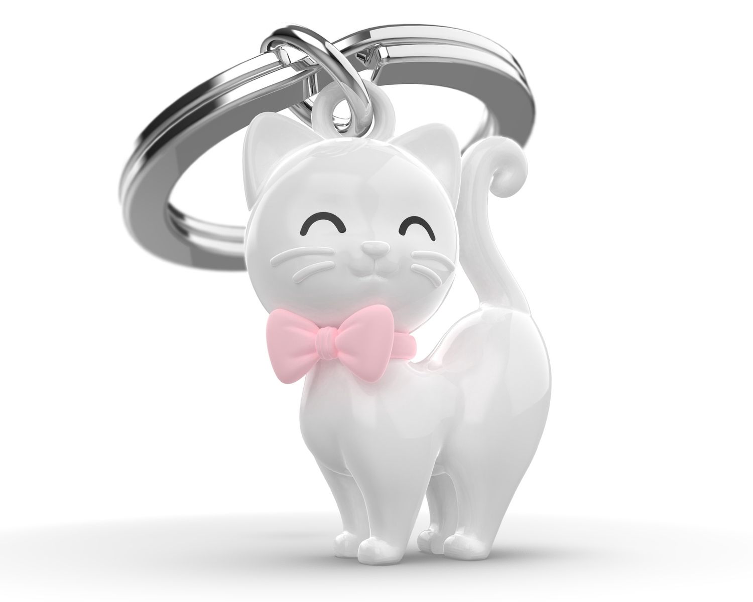3D Sleutelhanger Witte kat met roze strik