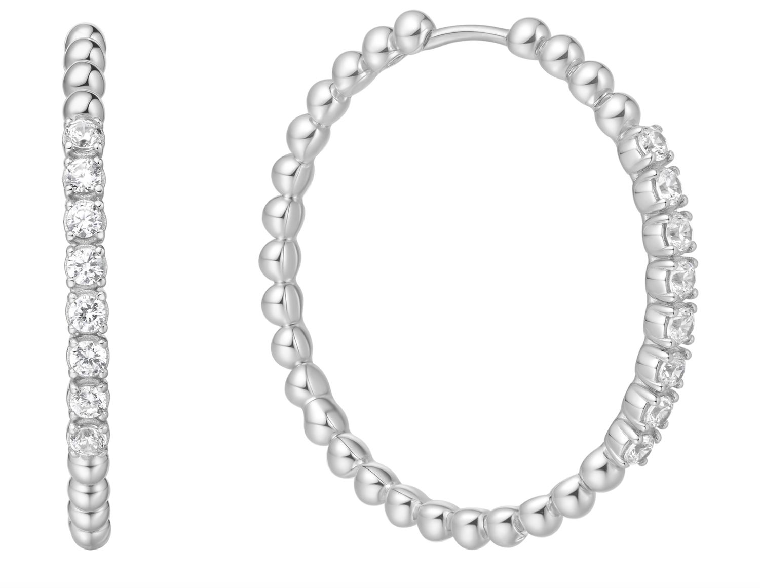 SILVER LARGE CLAW SPHERE BEADED HOOP EARRINGS