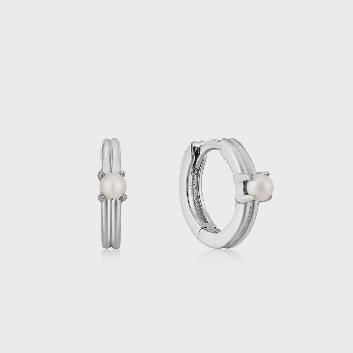 PEARL CABOCHON HUGGIE HOOP EARRINGS Silver