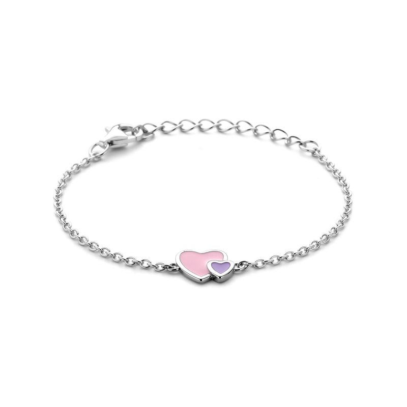 Kinderarmband met roze/paarse hartjes 11+3cm