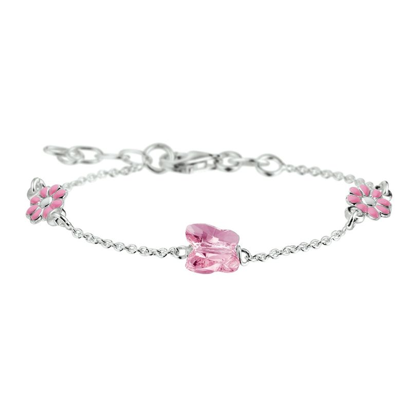 Kinderarmband met roze vlinder en bloemen 13+2cm