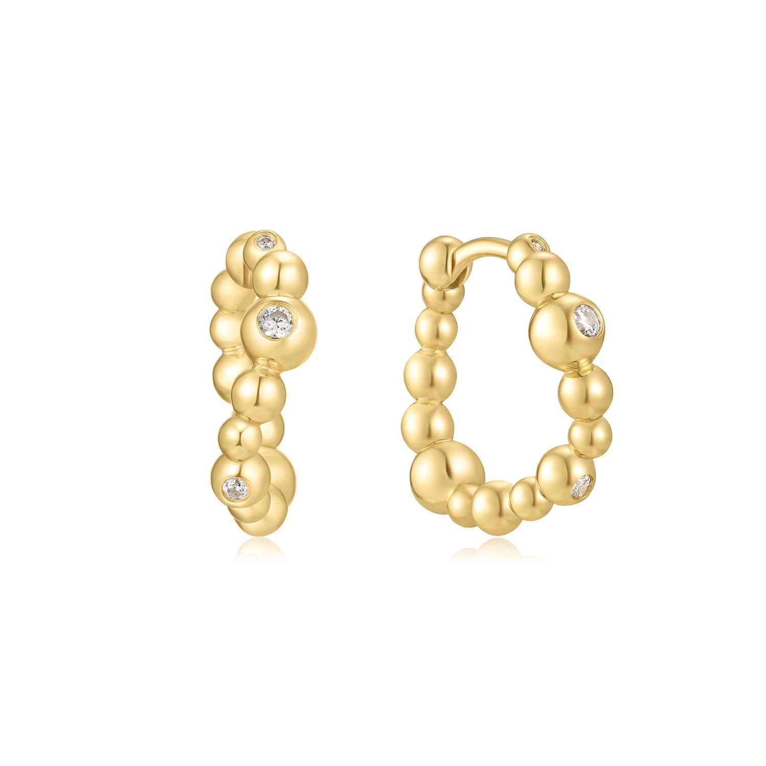 GOLD BEZEL BEADED CURVED HUGGIE HOOP EARRINGS