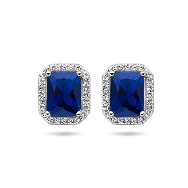 Zilveren oorknoppen halo met blauw zirkonia.