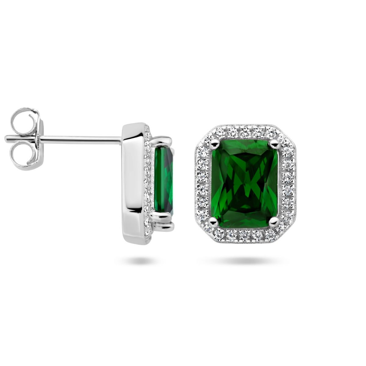 Zilveren oorknoppen halo met groen zirkonia