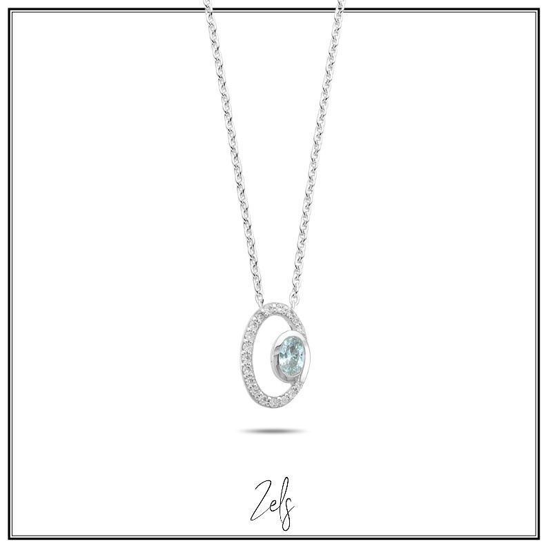 Ketting met ovalen hanger, wit en blauw zirconium