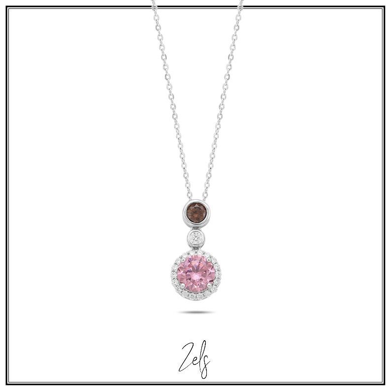 Zilver ketting met hanger in amberkleur , crystal en pink