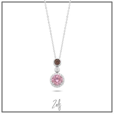 Zilver ketting met hanger in amberkleur , crystal en pink