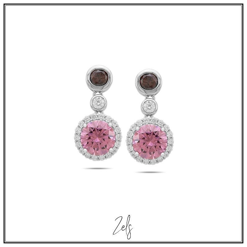 Mooie klassieke hangoorbellen met zirconium amberkleur en pink cz