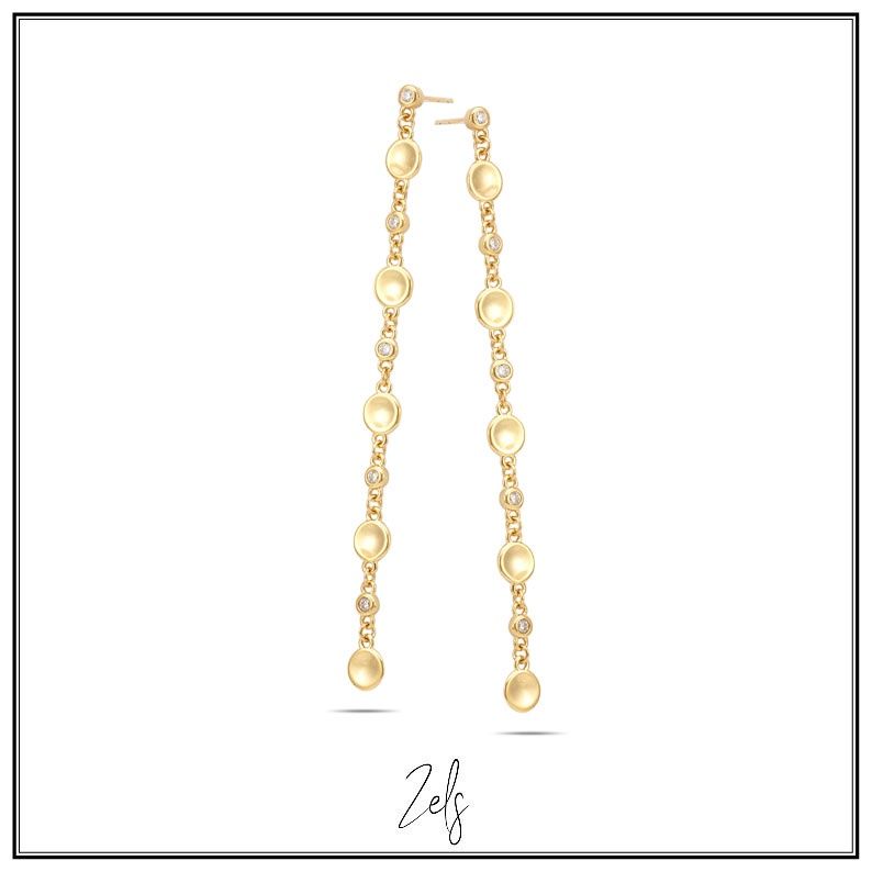 Lange elegante oorbellen met platte rondjes en zirconium