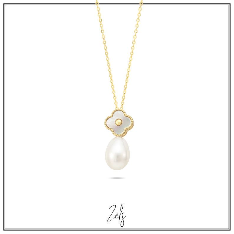 Ketting met zoetwaterparel en klaver in Mother of pearl, verguld
