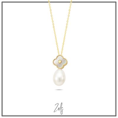 Ketting met zoetwaterparel en klaver in Mother of pearl, verguld