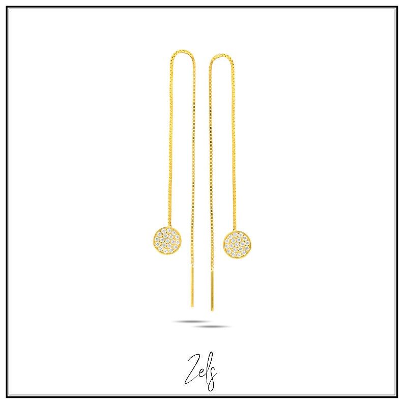 Doortrek oorbellen met een pavé rondje met zirconium, verguld