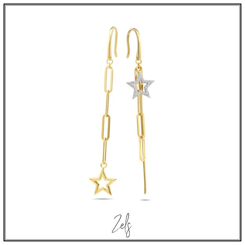 Asymmetrische oorbellen, open ster en sprankelende ster met zirconium, verguld