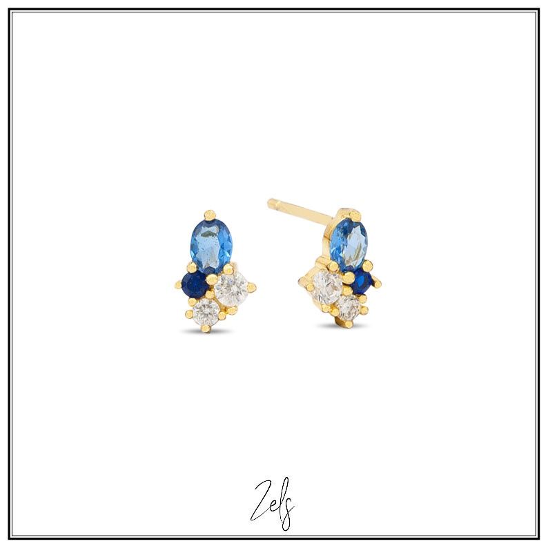 Fijne oorbellen met heldere zirkonia en blauwe stenen in verschillende groottes.